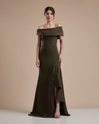 Vestido de Festa Longo Alfaiataria Ombro a Ombro com Babado Cascata Verde Oliva
