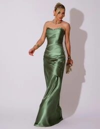 Vestido de Festa longo Cetim Malha Metálico Tomara que Caia Detalhe Drapeado Verde Escuro