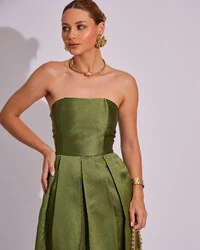 Vestido Midi Tomara que Caia Zibeline Com Pregas Verde Oliva