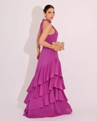 Vestido de Festa Longo Decote Halter com Babados Fúcsia