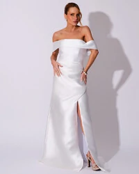 Vestido de Festa Longo Zibeline Ombro a Ombro Drapeado e Fenda Branco