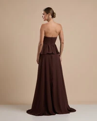 Vestido de Festa Longo Crepe Chiffon Tomara que Caia Peplum Drapeado Marrom