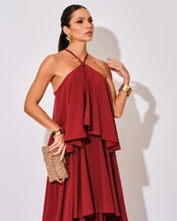 Vestido Longo Babado em Camadas Marsala Escuro