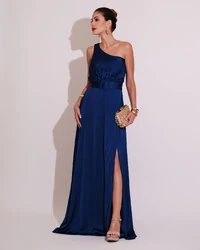 Vestido Longo um Ombro com Busto Blousê e Fenda Azul Royal