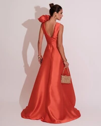 Vestido de Festa longo Zibeline Flor Laranja