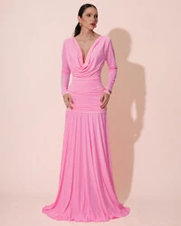 Vestido de Festa Longo Malha Degagê Drapeado Manga Longa Rosa New