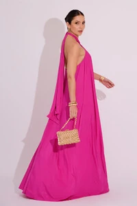 Vestido Longo com Amarração em Malha Pink