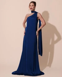 Vestido de Festa Longo Cetim Fluido Um Ombro Só Azul Royal New