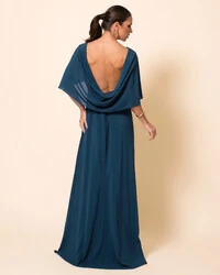 Vestido de Festa Longo Crepe Chiffon com Capa e Degagê nas Costas Verde Escuro
