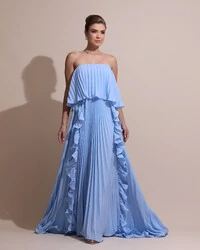 Vestido de Festa Longo Crepe Chiffon Tomara que Caia Plissado com Babado Cascata Serenity