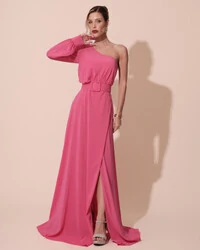 Vestido de Festa Longo um Ombro Só Manga Longa com Cinto Pink New