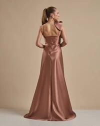 Vestido de Festa Longo em Zibeline com Laço Removível Mocha Mousse