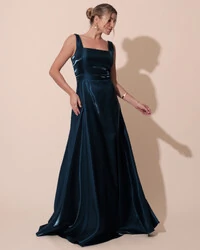 Vestido de Festa Longo Zibeline Cristal com Fenda e Faixa Azul Petróleo