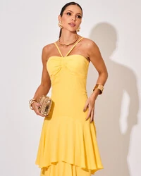 Vestido Longo Crepe com Babado em Camadas Amarelo