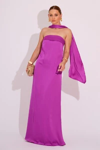 Vestido Longo de Festa Tomara que Caia Cetim com Lenço Fúcsia