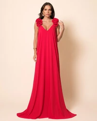 Vestido de Festa Longo Crepe Chiffon Fluido Decote em V Flores Vermelho