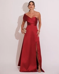 Vestido de Festa longo Faixa Ombro e Fenda Zibeline Marsala