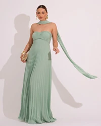 Vestido de Festa Longo Tomara que Caia Plissado com Lenço Verde Claro
