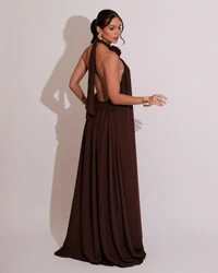 Vestido Longo Crepe Chiffon Frente Única Fluido Flor Removível Marrom
