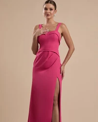 Vestido de Festa Longo Alfaiataria Decote Coração com Alças e Fenda Pink