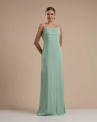 Vestido de Festa Longo Crepe Chiffon Costas Lenço Cauda Verde Menta
