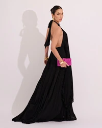 Vestidos de Festa Longo Chiffon Fluido Frente Única Plissado Duplo Preto