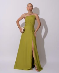 Vestido de Festa Longo Alfaiataria Tomara que Caia com Fenda Detalhe Verde Pistache