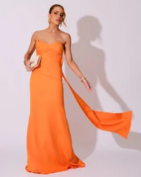 Vestido de Festa Longo Alfaiataria Tomara que Caia Drapeado Faixa Laranja