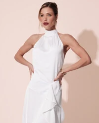 Vestido Longo de Festa Cetim Fluido Gola Alta e Babado Cascata Branco