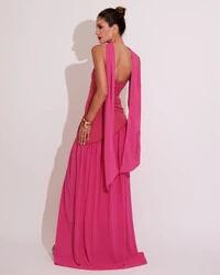 Vestido de Festa Longo Tomara que Caia Alfaiataria e Saia Crepe Chiffon e Lenço Pink