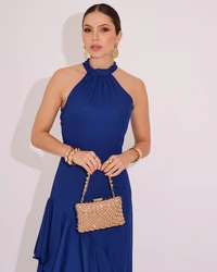 Vestido de Festa Longo Decote Halter com Babados Azul Marinho
