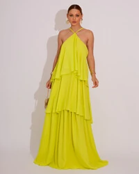 Vestido Longo Babado em Camadas Verde Lima New