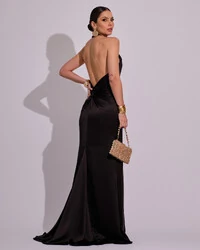 Vestido de Festa Longo em Cetim Alfaiataria com Elastano Frente Única Preto