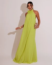 Vestido Longo Crepe Frente Única Fluido Flor Removível Verde Lima