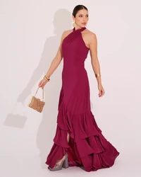 Vestido de Festa Longo Decote Halter com Babados Cereja