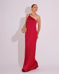 Vestido de Festa Longo em Cetim Fluido um Ombro Só Marsala