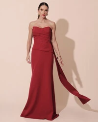 Vestido de Festa Longo Alfaiataria Tomara que Caia Drapeado Faixa Cereja