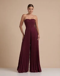 Macacão de Festa Longo Crepe Chiffon Tomara que Caia Plissado com Lenço Marsala