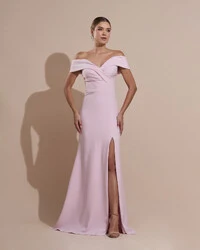 Vestido de Festa Longo Alfaiataria Ombro a Ombro com Fenda Rosa Claro