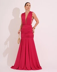 Vestido Longo Jersey Decote V drapeado Cereja