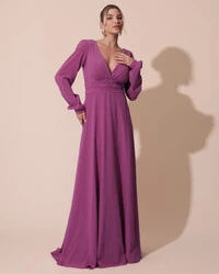 Vestido de Festa Manga Longa com Cintura Drapeada Decote V Fúcsia