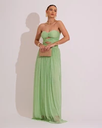 Vestido de Festa Longo Tule Brilho Tomara que Caia Recortes Verde Lima