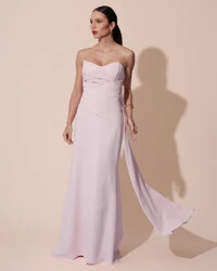 Vestido de Festa Longo Alfaiataria Tomara que Caia Drapeado Faixa Rosa Claro