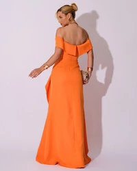 Vestido de Festa Longo Ombro a Ombro com Fenda em Alfaiataria Laranja New