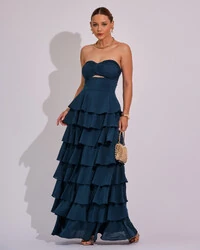Vestido Longo Crepe Chiffon Tomara que Caia Plissado em Camadas Verde Escuro