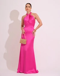 Vestido de Festa Longo em Cetim Alfaiataria com Elastano Frente Única Pink