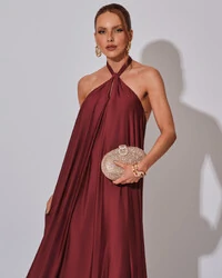 Vestido Longo com Amarração em Malha Marsala Escuro