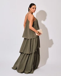 Vestido Longo Babado em Camadas Verde Oliva