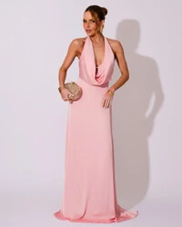 Vestido de Festa Longo Frente Única Degagê Cetim Fluido Rose Gold