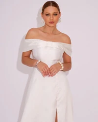 Vestido de Festa Longo Ombro a Ombro Laço Zibeline com Fenda Branco